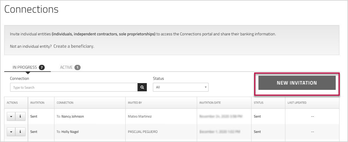 Connections page showing the New Inviation button