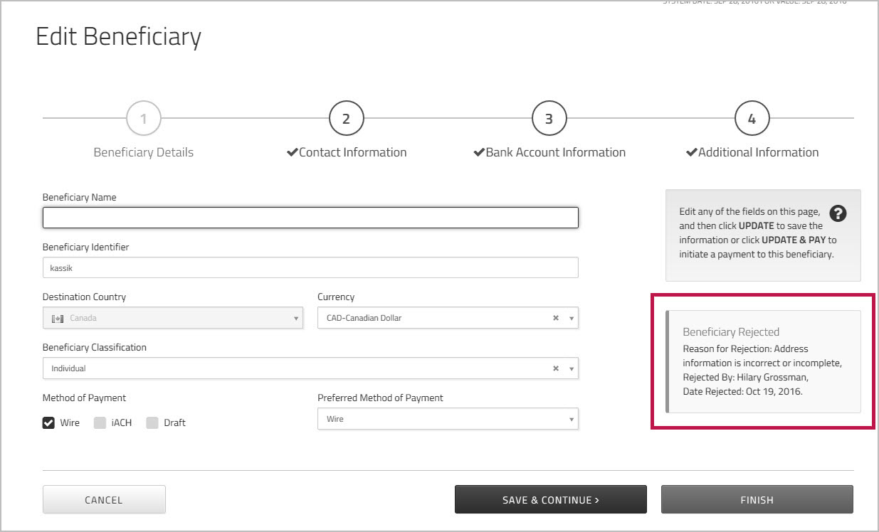 Edit Beneficiary page showing reason for rejection