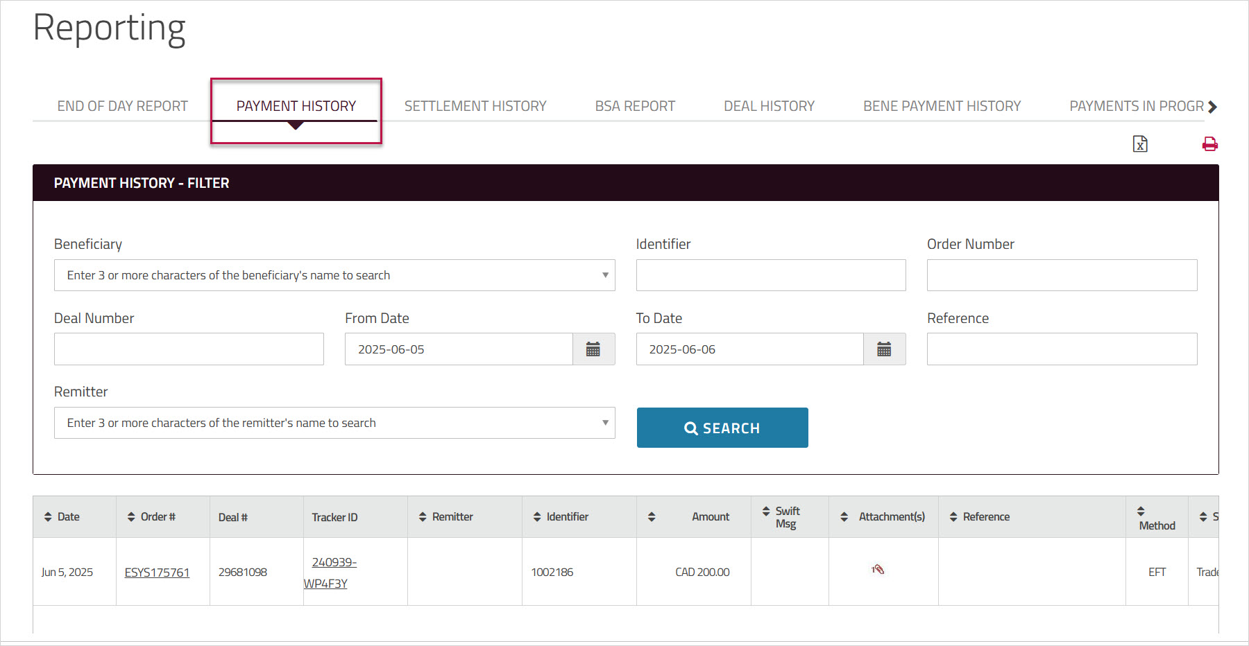 Payment History report including Tracker Id column