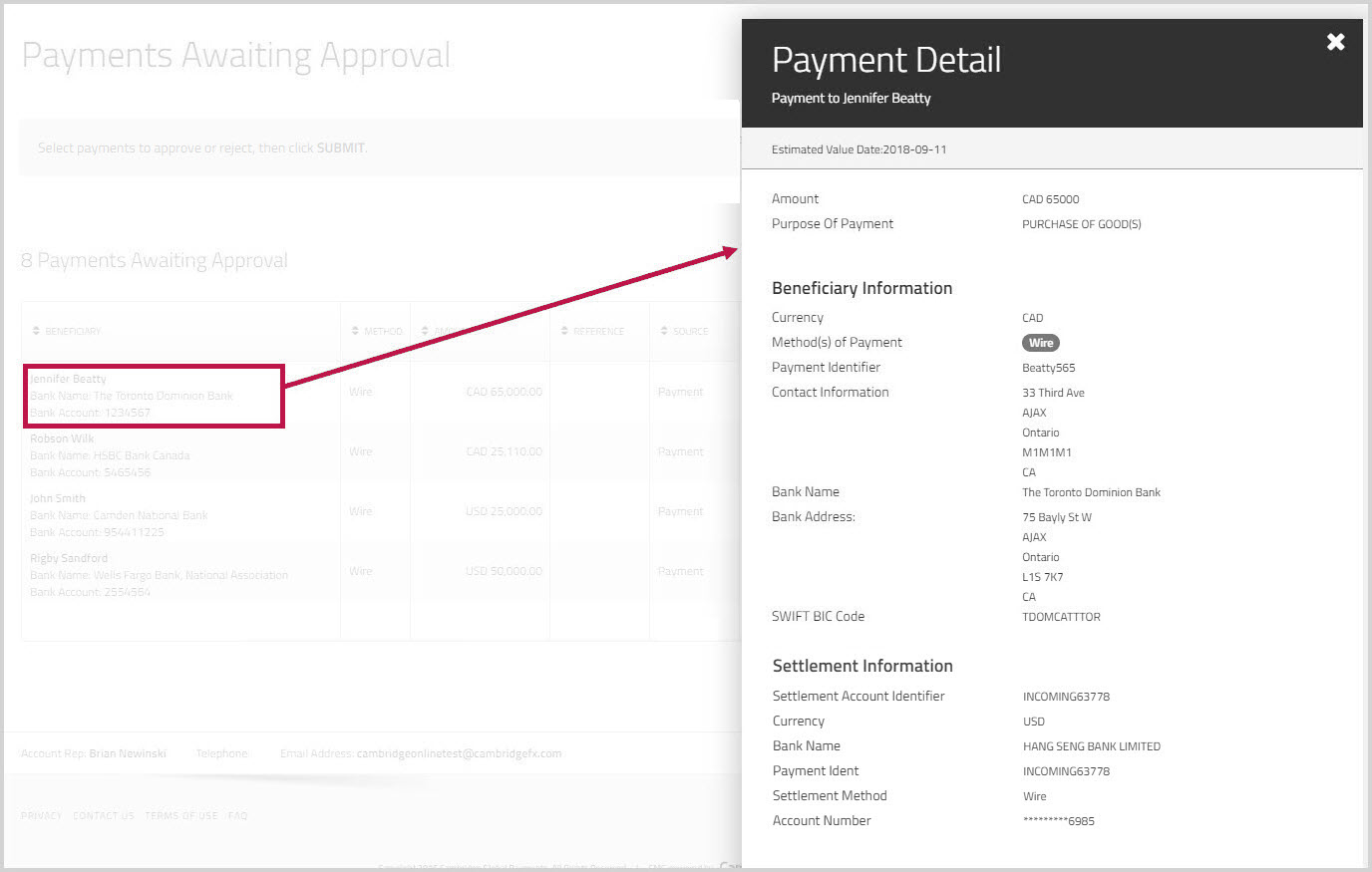 Payment details for payment awaiting approval