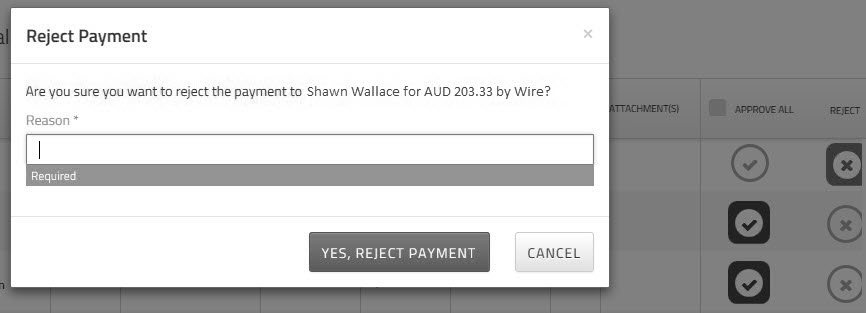 Reject Payment popup